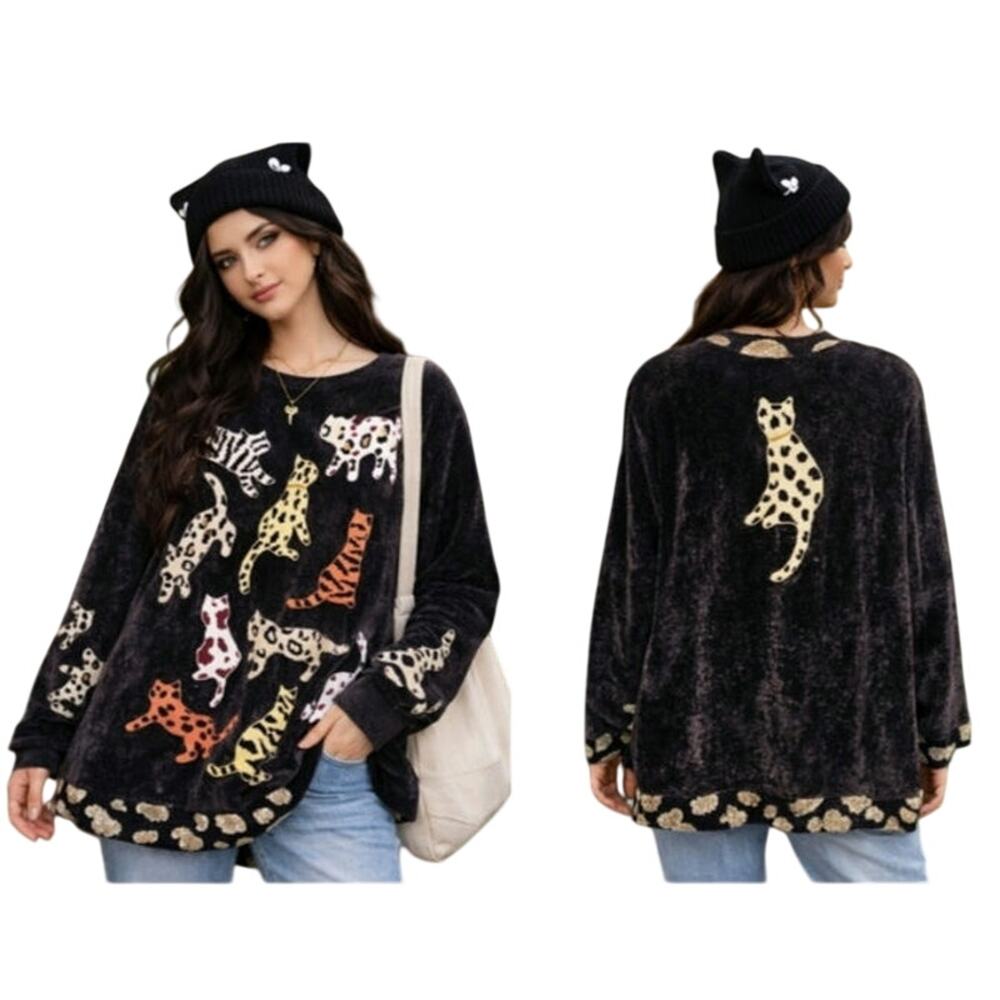 Berek Vintage Cat Sweater Sz L Brown 80's Cats All Over Print Soft Grandmacore